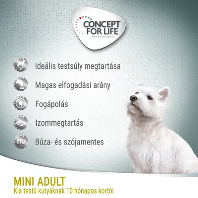 CONCEPT FOR LIFE. Ideális testsúly megtartása, magas elfogadási arány, fogápolás, izommegtartás, búza- és szójamentes. MINI ADULT kis testű kutyáknak 10 hónapos kortól.