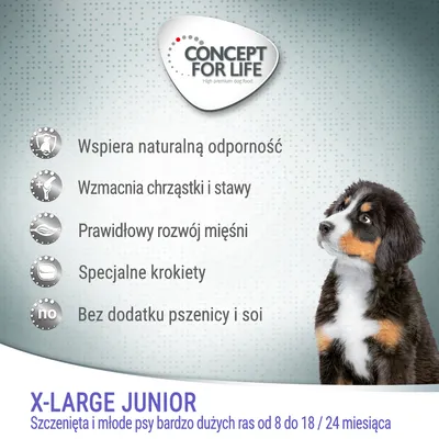 Concept for Life X-Large Junior. Wspiera odporność, wzmacnia chrząstki i stawy, prawidłowy rozwój mięśni, specjalne krokiety, bez pszenicy i soi. Dla szczeniąt dużych ras 8–18/24 mies.