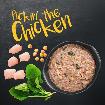Pickin' the Chicken, morceaux de poulet cru, pois chiches, épinards frais et bol de pâtée avec pois chiches et légumes visibles. Texte en anglais sur l’image.