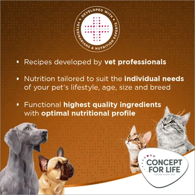 Tekst na engleskom: Recipes developed by vet professionals, Nutrition tailored to suit the individual needs of your pet’s lifestyle, Functional highest quality ingredients. Concept for Life.