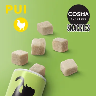 COSMA PURE LOVE SNACKIES, PUI. Cuburi deschise la culoare lângă o cutie verde cu siluetă de pisică. Text vizibil: PUI, COSMA PURE LOVE SNACKIES.