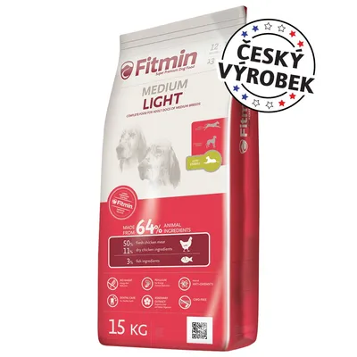 Fitmin Medium Light 15 kg, český výrobek. 64 % živočišných složek: 50 % čerstvé kuřecí maso, 11 % sušené kuřecí, 3 % rybí. Bez pšenice, GMO free, péče o chrup, antioxidanty.