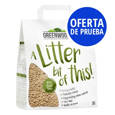 Greenwood A Litter bit of this! 100% plant fibre. Biodegradable, flushable clumps, long-lasting odour control, low dust, gentle on paws. Oferta de prueba.