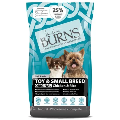 John Burns Toy & Small Breed Original Chicken & Rice. Holistisk ernæring, hypoallergen, letfordøjelig, sund hud og pels, ingen kunstige konserveringsmidler.