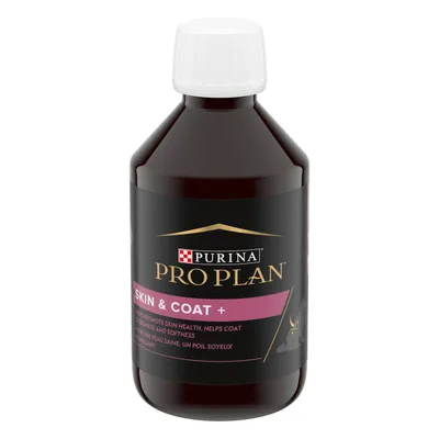 Purina Pro Plan Skin & Coat+ bottle, label shows 'Helps promote skin health, helps coat glossiness and softness', black bottle with white cap, partial cat graphic visible