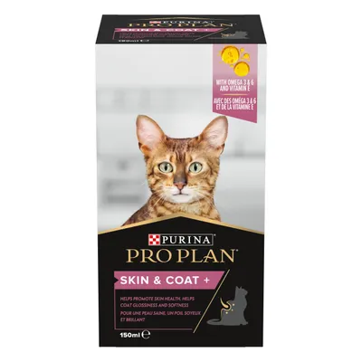 Purina Pro Plan Skin & Coat+ 150ml cat supplement box, with text: 'With omega 3 & 6 and vitamin E. Helps promote skin health, helps coat glossiness and softness.'