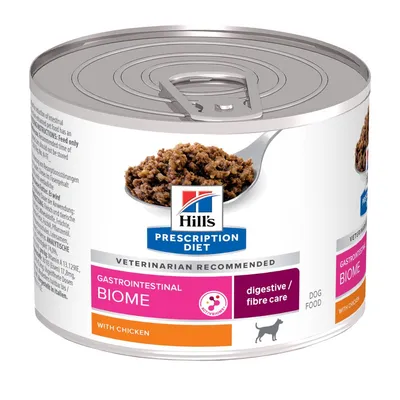 Hill's Prescription Diet Gastrointestinal Biome with Chicken, digestive/fibre care dog food tin. Visible text: veterinarian recommended, ActivBiome+, DOG FOOD.