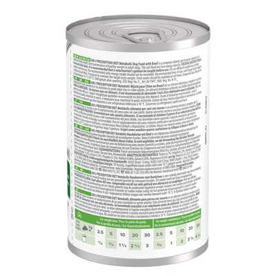 Konzerva Hill's Prescription Diet Metabolic Dog Food with Beef, text s informacemi o složení a krmení, tabulka dávkování podle hmotnosti psa: 2,5–30 kg, dávky 1/2 až 3 1/4 konzervy denně.