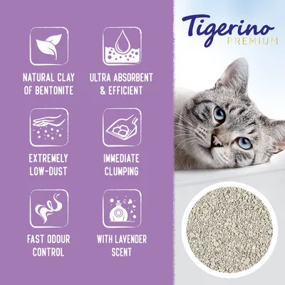 Tigerino Premium kattenbakvulling, eigenschappen: bentonietklei, ultra absorberend, extreem stofarm, directe klontvorming, snelle geurcontrole, lavendelgeur. Tekst in het Engels.