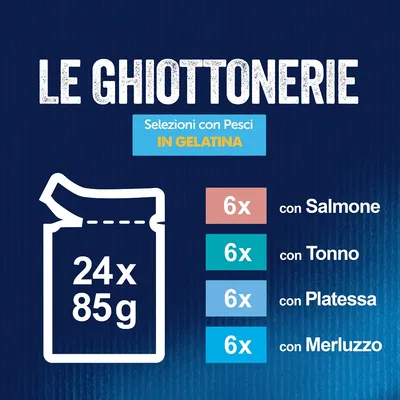 Le Ghiottonerie Selezioni con Pesci in Gelatina, 24x85g: 6x con Salmone, 6x con Tonno, 6x con Platessa, 6x con Merluzzo. Testo e quantità visibili sull'immagine.