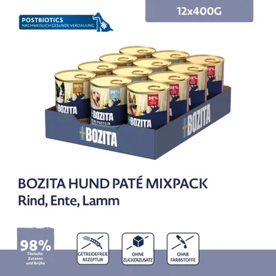 Bozita Kutya Paté Mix csomag Marha, Kacsa, Bárány. 12x400 g. 98% állati összetevő és húsleves, gabonamentes, hozzáadott cukor nélkül, színezékmentes, posztbiotikumokkal az egészséges emésztésért.