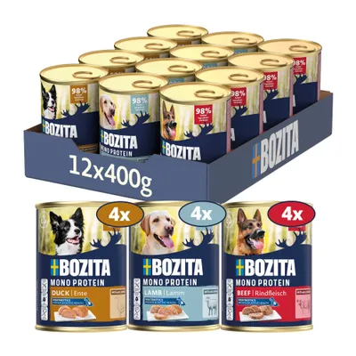 Bozita Моно Протеин Микс пакет, 12x400 г консерви: 4x патешко, 4x агнешко, 4x говеждо месо. 98% животински протеин според опаковката. Bozita Моно Протеин Микс пакет, 12x400 г консерви: 4x патешко, 4x агнешко, 4x говеждо месо. 98% животински протеин според опаковката.