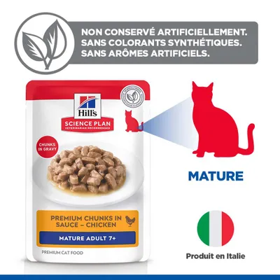Hill's Science Plan Bouchées Premium en Sauce Poulet, Adulte Mature 7+, sans conservateurs, colorants ou arômes artificiels, fabriqué en Italie. Hill's Science Plan Bouchées Premium en Sauce Poulet, Adulte Mature 7+, sans conservateurs, colorants ou arômes artificiels, fabriqué en Italie.