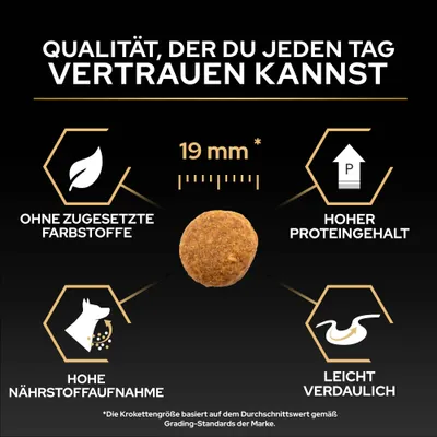 Krokettengröße 19 mm, ohne zugesetzte Farbstoffe, hoher Proteingehalt, hohe Nährstoffaufnahme, leicht verdaulich. Qualität, der du jeden Tag vertrauen kannst.