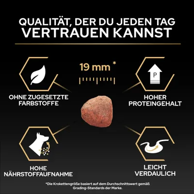 Krokettengröße 19 mm, ohne zugesetzte Farbstoffe, hoher Proteingehalt, hohe Nährstoffaufnahme, leicht verdaulich. Qualität, der du jeden Tag vertrauen kannst.