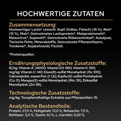 Zusammensetzung: Lachs, Reis, Mais, Sojamehl, Fischöl. Ernährungsphysiologische Zusatzstoffe: Vitamine A, D3, E, C, Eisen, Kupfer, Mangan, Zink. Protein 27%, Fett 13%.