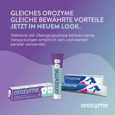 Orozyme Zahnpflege-Gel: Gleiches Produkt, neues Verpackungsdesign. Während der Übergangsphase sind beide Verpackungen erhältlich und werden parallel verwendet.