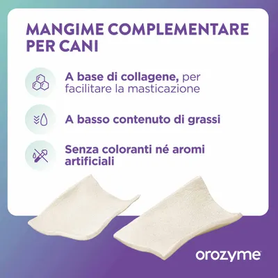 Alimento complementare per cani, a base di collagene per facilitare la masticazione, povero di grassi, senza coloranti né aromi artificiali. Marca: orozyme.
