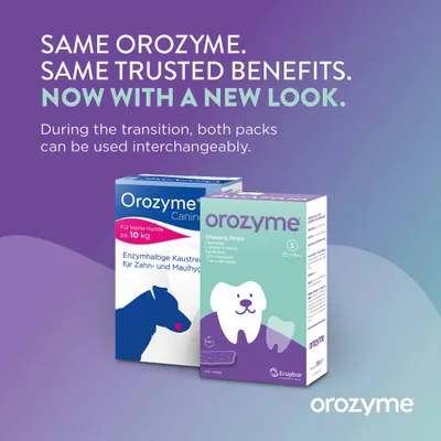 Orozyme žvečilni trakovi za majhne pse do 10, kg, zdaj z novo embalažo. Obe embalaži se lahko uporabljata med prehodnim obdobjem. Orozyme žvečilni trakovi za majhne pse do 10, kg, zdaj z novo embalažo. Obe embalaži se lahko uporabljata med prehodnim obdobjem.