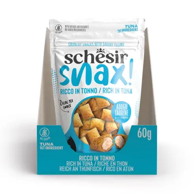 Schesir Snax Ricco med tun, 60 g. Tun som hovedingrediens, med taurin og vitaminer, uden korn, 2 kcal pr. snack, rig på tun. Schesir Snax Ricco med tun, 60 g. Tun som hovedingrediens, med taurin og vitaminer, uden korn, 2 kcal pr. snack, rig på tun.