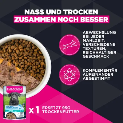 Nass- und Trockenfutter zusammen: Abwechslung bei jeder Mahlzeit, verschiedene Texturen, reichhaltiger Geschmack, komplementär abgestimmt. 1 Dose ersetzt 95g Trockenfutter. Nass- und Trockenfutter zusammen: Abwechslung bei jeder Mahlzeit, verschiedene Texturen, reichhaltiger Geschmack, komplementär abgestimmt. 1 Dose ersetzt 95g Trockenfutter.