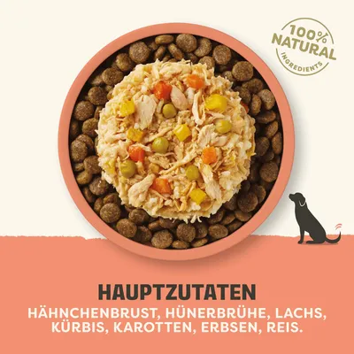 100% Natural Ingredients. Hauptzutaten: Hähnchenbrust, Hühnerbrühe, Lachs, Kürbis, Karotten, Erbsen, Reis. 100% Natural Ingredients. Hauptzutaten: Hähnchenbrust, Hühnerbrühe, Lachs, Kürbis, Karotten, Erbsen, Reis.