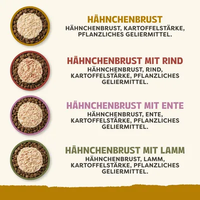 Zutatenübersicht: Hähnchenbrust, Hähnchenbrust mit Rind, Hähnchenbrust mit Ente, Hähnchenbrust mit Lamm. Jeweils mit Kartoffelstärke und pflanzlichem Geliermittel. Zutatenübersicht: Hähnchenbrust, Hähnchenbrust mit Rind, Hähnchenbrust mit Ente, Hähnchenbrust mit Lamm. Jeweils mit Kartoffelstärke und pflanzlichem Geliermittel.