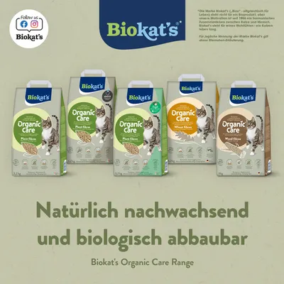 Biokat's Organic Care Katzenstreu, Sorten Plant fibres, Wheat fibres und Wood fibres. Natürlich nachwachsend und biologisch abbaubar. Biokat's Organic Care Range.