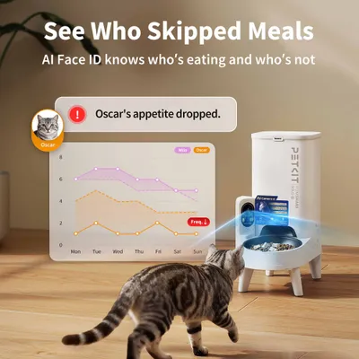Futterautomat PETKIT mit AI-Kamera erkennt, wer frisst. Diagramm zeigt Fressverhalten von Milo und Oscar, Warnung: 'Oscar's appetite dropped.' Futterautomat PETKIT mit AI-Kamera erkennt, wer frisst. Diagramm zeigt Fressverhalten von Milo und Oscar, Warnung: 'Oscar's appetite dropped.'