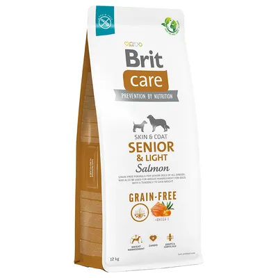 Brit Care Senior & Light Skin & Coat crocchette con salmone, senza cereali, per cani anziani. Contiene Omega-3, supporta controllo del peso, salute del cuore e articolazioni. Confezione 12 kg.