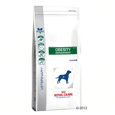 Royal Canin Veterinary Diet Obesity Management CP 34 hundefoder, tekst: CANINE, VETERINARY EXCLUSIVE, illustration af hund, piktogrammer for næringsstoffer og ledpleje