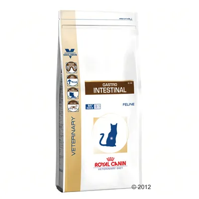 Royal Canin Veterinary Diet Gastro Intestinal Feline -kuivaruokapakkaus, näkyvissä tekstit: VETERINARY EXCLUSIVE, GASTRO INTESTINAL, S/O INDEX, FELINE, Royal Canin, kissan siluetti.