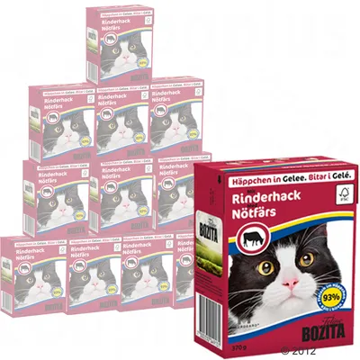 Bozita Tetra Recart mačja hrana, Rinderhack Nötfärs, 370 g, crvena ambalaža s fotografijom mačke i oznakom 93 % životinjskih sastojaka. Prikazano više pakiranja.