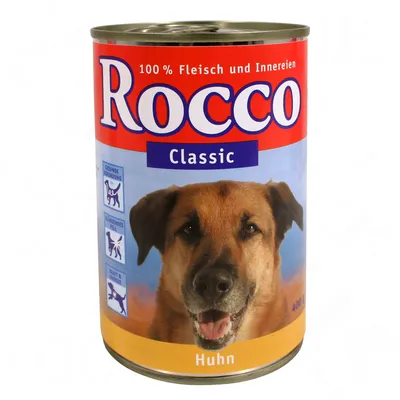 Rocco Classic 100% Fleisch und Innereien, Huhn. Tin with icons showing dog, shiny coat, and bone. 400g visible on label. Text in German.