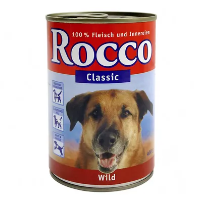 Rocco Classic Wild dog food tin, 100% Fleisch und Innereien, with image of a dog on label. Text in German. 400g.