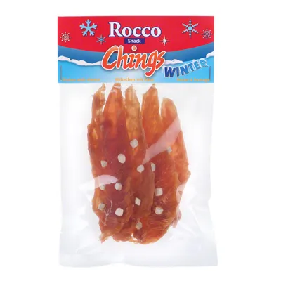 Rocco Snack Chings Winter, pileći snack s komadićima sira u prozirnoj vrećici. Na pakiranju piše: Chicken with cheese, Huhnchen mit Käse, Poulet & fromage.