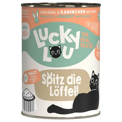 Lucky Lou fågel & kanin med äpple, för vuxna katter, 400g burk, Made in Germany, 96% köttandel, utan spannmål.