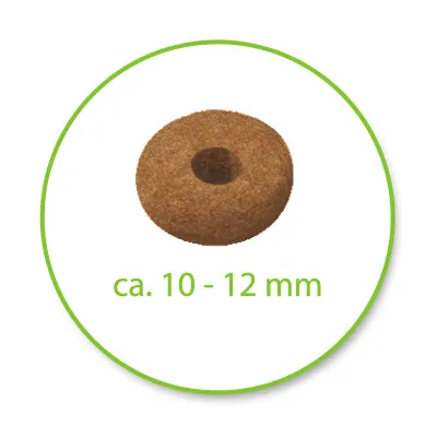 Кръгла гранула с отвор в средата, приблизителен размер 10–12 мм, показан с надпис „ca. 10–12 mm“ под изображението.