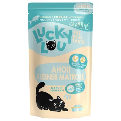 Lucky Lou Ahoi! Kleiner Matrose, aliment pour chatons, volaille et truite avec carotte, sans céréales, sans sucre ajouté, plus de 96 % viande et poisson, Made in Germany. Texte en anglais/allemand.