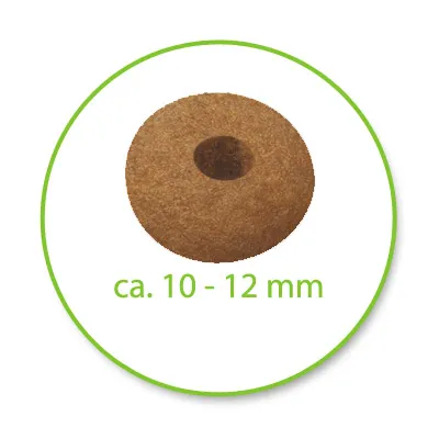 Кръгла гранула с отвор в средата, приблизителен размер 10–12 мм, показан с надпис „ca. 10–12 mm“ под изображението.