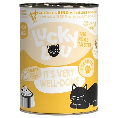 Lucky Lou pollo e manzo con sedano e cicoria, sterilizzato, per adulti, 98% carne, Made in Germany, senza cereali. Lattina 400g.