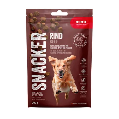 Mera Snacker Rind, 200g. Soft & saftig mit viel Fleisch. Ideal für Erziehung, Sport und Training. 72% Fleischanteil, ohne Zuckerzusatz, ohne Getreide, hergestellt in Deutschland.