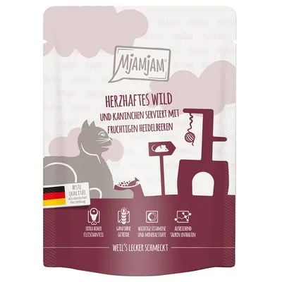 Mjamjam Herzhafte Wild und Kaninchen serviert mit fruchtigen Heidelbeeren, Duitse vlag met tekst Beste Qualität, pictogrammen: zonder vleesmeel, geen granen, zonder kunstmatige toevoegingen.