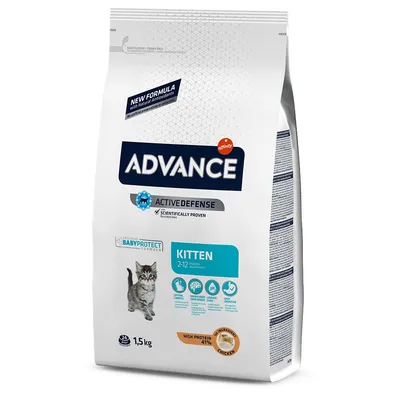 Balení krmiva ADVANCE Kitten 1,5 kg pro koťata 2–12 měsíců, viditelný text: ACTIVE DEFENSE, BABY PROTECT FORMULA, HIGH PROTEIN 41 %, CHICKEN, obrázek kotěte.