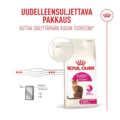 Royal Canin Fussy Exigent -kissanruoka uudelleensuljettavassa pakkauksessa, easyopen- ja zip-järjestelmällä, 2 kg ja 4 kg, pitää ruoan tuoreena. Royal Canin Fussy Exigent -kissanruoka uudelleensuljettavassa pakkauksessa, easyopen- ja zip-järjestelmällä, 2 kg ja 4 kg, pitää ruoan tuoreena.