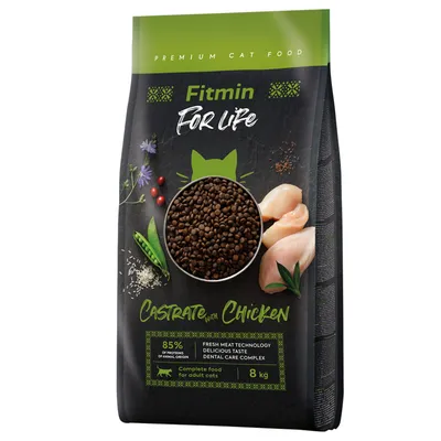 Fitmin For Life Castrate с пилешко, премиум храна за котки, 85% животински протеин, Dental Care Complex, 8 кг. Пълноценна храна за възрастни котки.