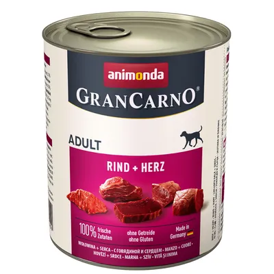 Animonda GranCarno Adult wołowina + serce, 100% świeżych składników, bez zbóż i glutenu, wyprodukowano w Niemczech.