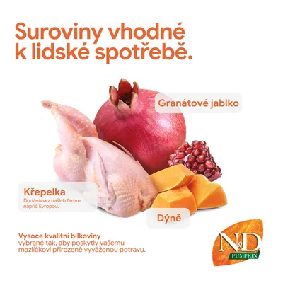 N&D Pumpkin: Prísady vhodné na ľudskú spotrebu. Obsahuje prepelicu, granátové jablko a tekvicu. Kvalitné bielkoviny z európskych fariem pre vyváženú výživu zvierat. N&D Pumpkin: Prísady vhodné na ľudskú spotrebu. Obsahuje prepelicu, granátové jablko a tekvicu. Kvalitné bielkoviny z európskych fariem pre vyváženú výživu zvierat.