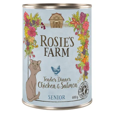 Rosie's Farm Tender Dinner Chicken & Salmon, Senior, 400g, grain-free recipe. Illustration with cat, chicken and floral motif.