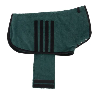 Green dog coat with black striped pattern and Velcro fastener, suitable for cold weather conditions.